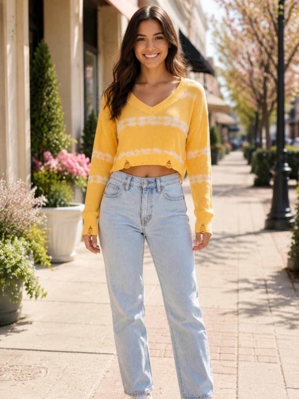 Skylar Rose Yellow Pink Striped Open Back Distressed Crop Sweater S NWT